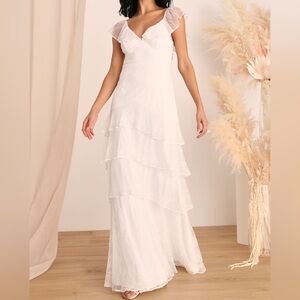 Lulus All About the Romance White Lace Tiered Sleeveless Maxi Wedding Dress NWT